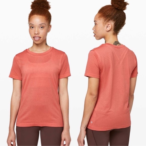 Lululemon Breeze By Short Sleeve Spell Out Vent Athletic Tee Rustic Coral 6 - Picture 11 of 11